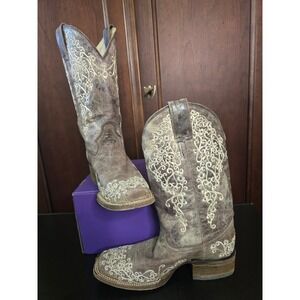 Corral Women Brown Leather Embroidered Square Toe Western Cowboy Boots